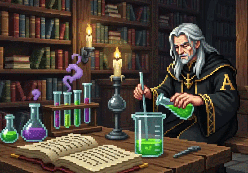 An avatar mixing potions over a bubbling cauldron.